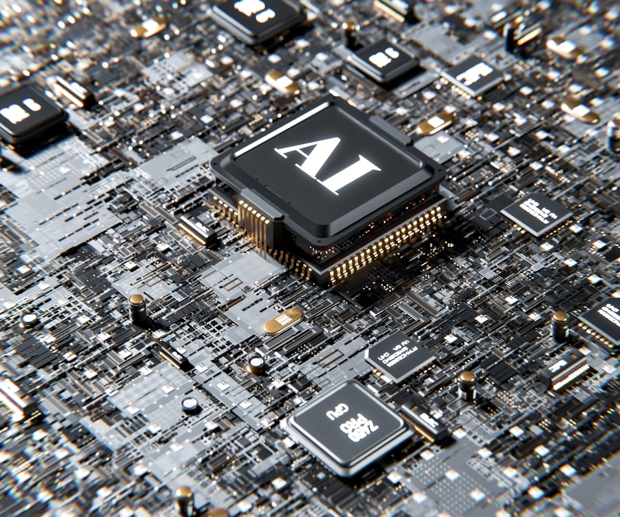 Close-up of an AI processor chip on a robot's circuit board